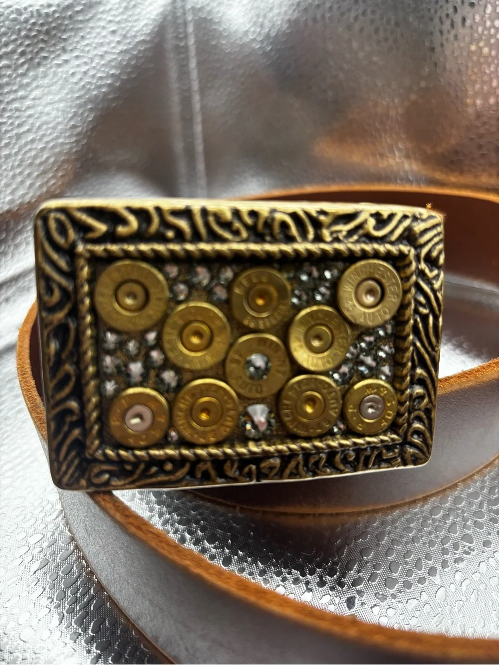 Pretty Hunter Winchester Ornate Brass Buckle and XL Leather belt